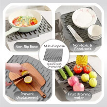 Tapis de Séchage en Silicone avec Design Incliné, Drainage Rapide, Pad Antidérapant pour le Séchage des Plats et de la Verrerie de Cuisine, Gris