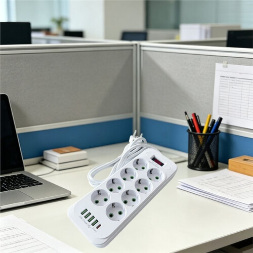 13 in 1 EU Power Strip 2500W Surge Protector with 2M Cable 8 AC Outlets 4 USB Type C Charging Extension Socket 1