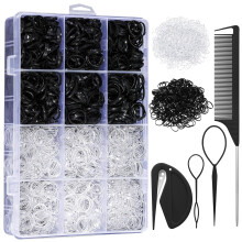 Lot de 2200 élastiques à cheveux, transparents et noirs