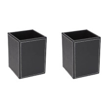 2X Leather Pencil Holder Student Stationery Office Simple Square Pencil Case Desk Organizer Black Business