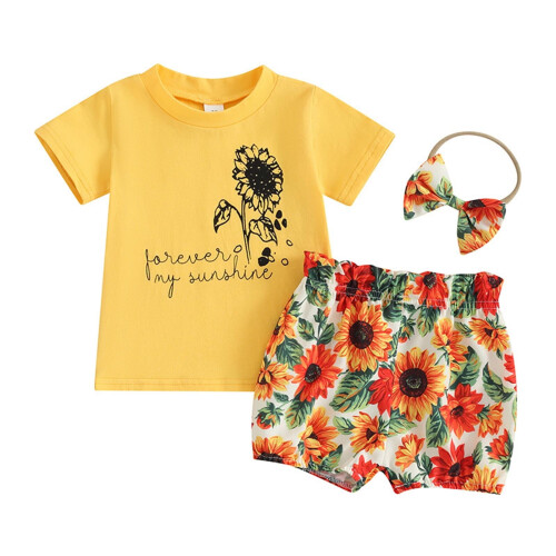 Completo da bambina con girasoli, composto da 3 pezzi e top a maniche corte.