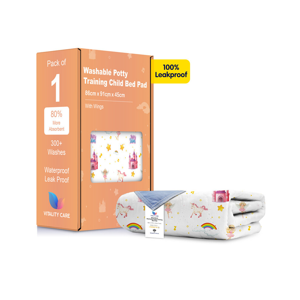 Vitality Care (Fairytale, 1) Toddler Potty Training Bed Pads - Multi-Layer Non-Slip Washable Incontinence Mattress Sheet