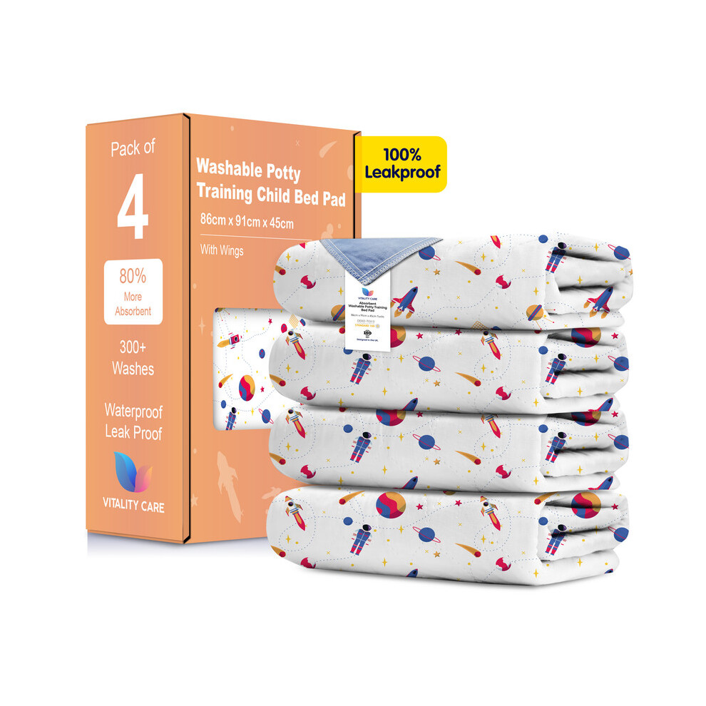 Vitality Care (Space, 4) Toddler Potty Training Bed Pads - Multi-Layer Non-Slip Washable Incontinence Mattress Sheet
