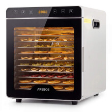 AREBOS Food Dehydrator 800W 29L 12 Stainless Steel Trays Temperature Control 30 to 85C 24 Hour Timer Touch Display LED Light Silicone Accessories