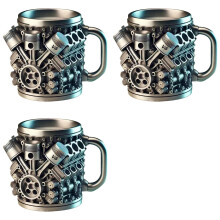 3X Caneca de Café de Aço Inoxidável com Motor V6, Caneca de Café com Motor de Carro e Alça Isolada para Presente de Amantes de Carros