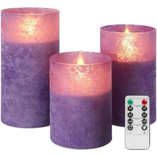 Purple LED flameless candles glass pillar set of 3