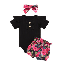 Babypigetøjssæt: Heldragt, Blomstershorts, Pandebånd