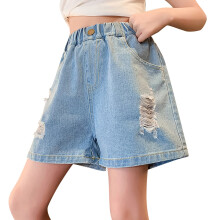Pantaloni scurți din denim cu talie înaltă și croială largă, rupți, elastici, pentru fete