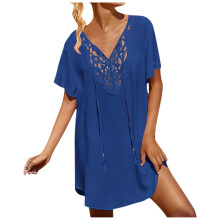 Women's solid color lace crochet cover-up dress V-neck
