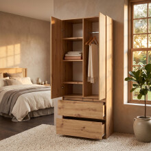 (Artisan) Double Wardrobe with Drawers - 2 Door Bedroom Wardrobe with Hanging Rail & Shelves (90 cm W x 50 cm D x 180 cm H)