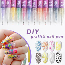 Set van 12 Kleuren Nagelkunststiften, Nagelkunstmarkers, Nagellakstiften, Nagelpuntteken-, Schilder- en Lijnpenseel voor Doe-Het-Zelf Nagelkunst