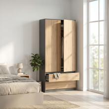 (Ant/Art) Double Wardrobe with Drawers - 2 Door Bedroom Wardrobe with Hanging Rail & Shelves (90 cm W x 50 cm D x 180 cm H)