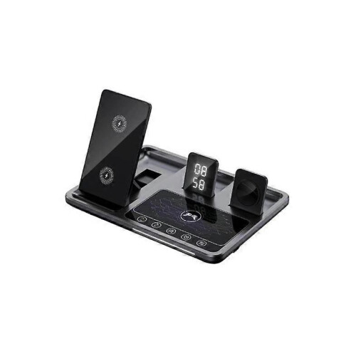 (Iron grey) 4 in1 Digital Clock Wireless Charger Stand,4 in 1 Foldable Fast Charging Station