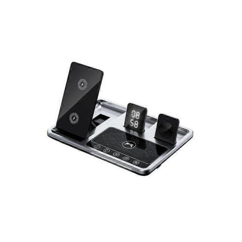 (Silver) 4 in1 Digital Clock Wireless Charger Stand,4 in 1 Foldable Fast Charging Station