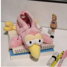 (Pink Mockingbird) Small Pencil Pouch Plush Fuzzy Beaver Cute Case Box Holder Animal Organizer Bag