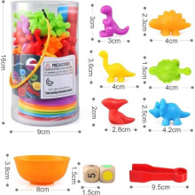 Gioco Montessori di smistamento e conteggio dei dinosauri per bambini di 3 anni con bicchieri e pinzette