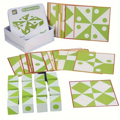 Puzzle 3D en bois - Jeu éducatif - Modèle vert - Blocs verts et blancs 1