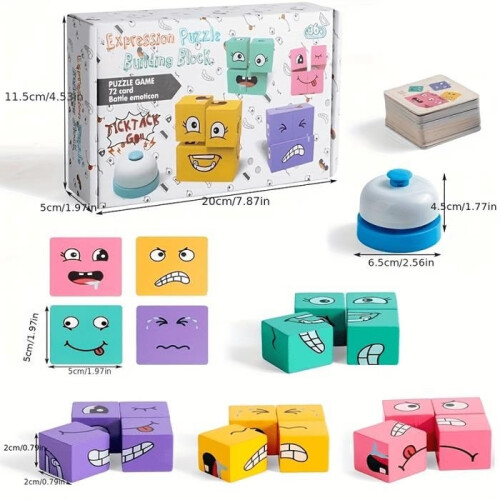 Wooden Magic Cube with Changing Faces, 3D Magic Cube with Face Changer, Expression Cube Puzzle with Bell and Card 1