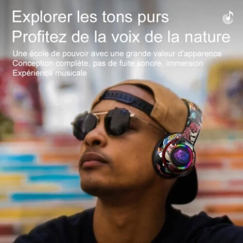 Cuffie stereo wireless Bluetooth pieghevoli con scritta graffiti e luce LED, nere 1