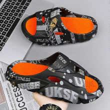 (EU 39, Black) Men's Summer Printed Sandals - Non-Slip Thick Cushion Slides, Outdoor Indoor Comfort Slipper Shoes for Beach & Home