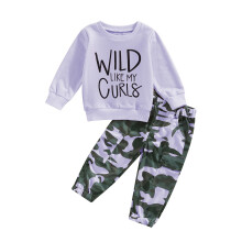 (1-2 Years, Purple) Baby Girl Fall Outfits Letter Long Sleeve Pullover + Camouflage Cargo Pants