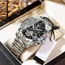 (Silver shell black face) Men Watch Automatic Mechanical Stainless Steel Waterproof Luminous Date Watches