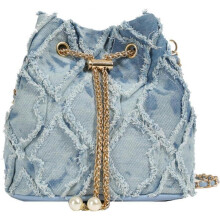 (Blue)Denim Bucket Bag Quilted Drawstring Jean Purses compatible with Women Denim Clutch Hobo Bags Crossbody Handbag