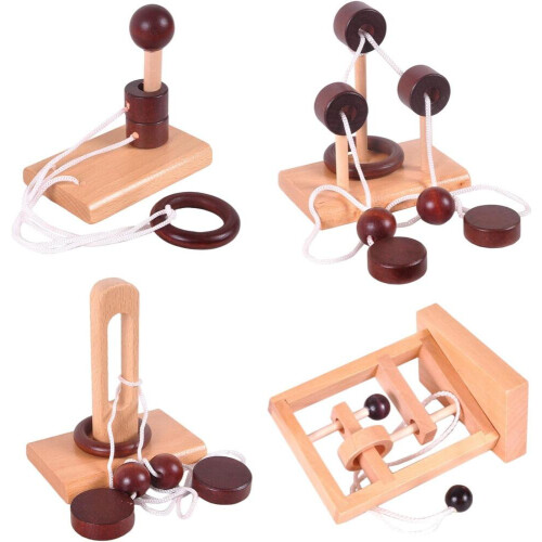 4pcs Classic Wooden Rope Puzzle Set Ring Puzzles String Solution Brain Teaser Bl