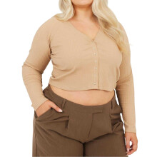(24 UK, Taupe) Brave Soul Womens/Ladies Ribbed V Neck Plus Long-Sleeved Crop Top
