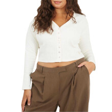 (18 UK, Cream) Brave Soul Womens/Ladies Ribbed V Neck Plus Long-Sleeved Crop Top