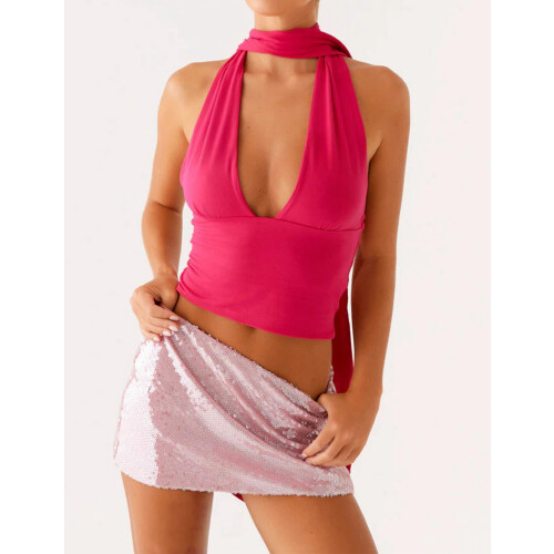 Women's Black Halter Neck Sleeveless Crop Top Deep V 2