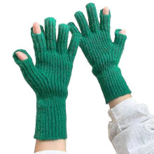 (Green) Solid Color Knitted Gloves Winter Windproof Half Finger Touchscreen Gloves