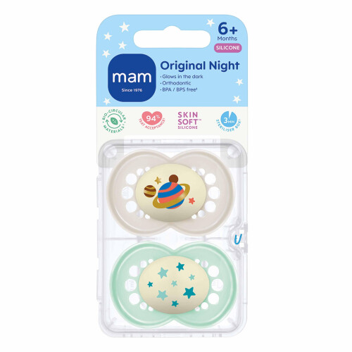 MAM MAM Original Glow-in-the-Dark Dummies, 6-18M, 2 Pack, Orthodontic Design 1