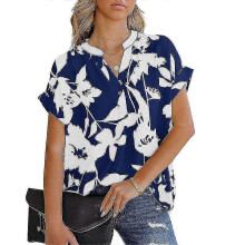(Navy Blue, 2XL) Women Short Sleeve Chiffon Tops Casual Summer T Shirt V Neck Tunic Blouse