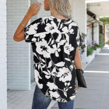 (White Flower, M) Women Short Sleeve Chiffon Tops Casual Summer T Shirt V Neck Tunic Blouse