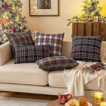 Christmas Set of 2 Scottish Tartan Plaid Throw Pillow Covers Farmhouse Classic Decorative Square Cushion Cases 18x18 Inch,white red