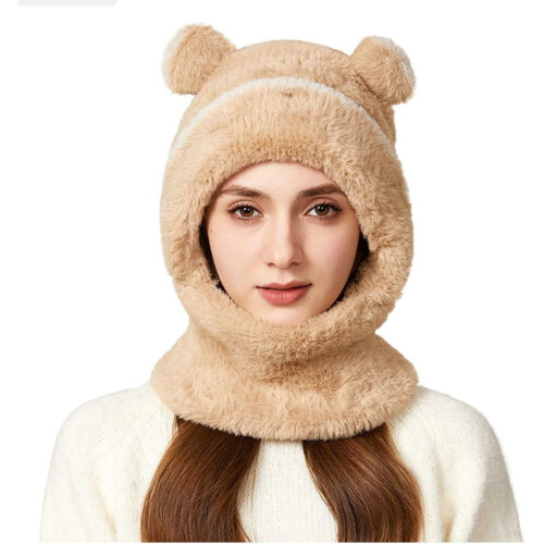 Bear Mask Cap Windproof Plush-Lined Knit Beanie 1pc 1
