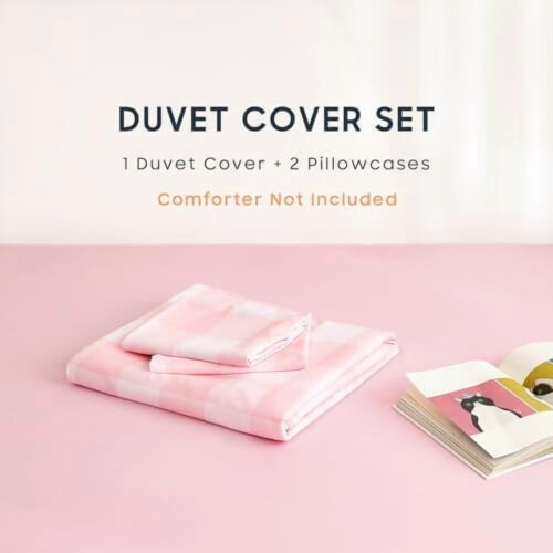 Gingham Duvet Cover Set Light Pink White Full 3-Piece 1