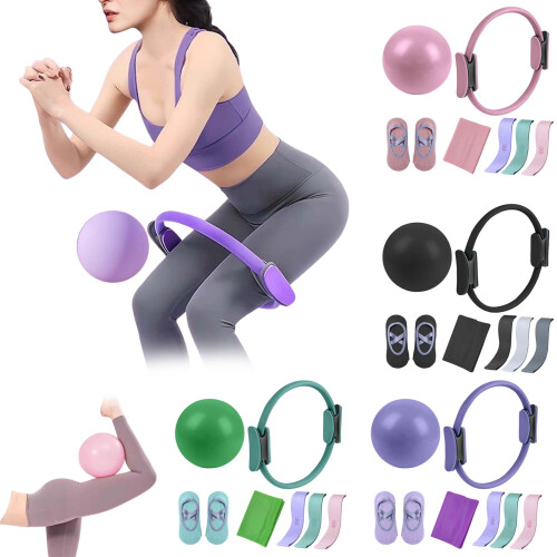 Conjunto de anéis de Pilates Yocbz de 15 polegadas com bolas e faixas de resistência. 1