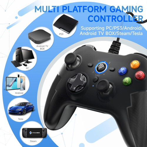 Zwarte bedrade gamecontroller met dubbele trilfunctie en triggerknoppen. 1