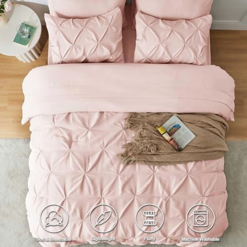 Twin Comforter Set Blush Pink 5-Piece Pintuck Bedding 1