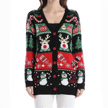 (L) Women's Christmas Sweater Open Front Leopard Knit Cardigan Sweaters Pockets Long Sleeve Outwear