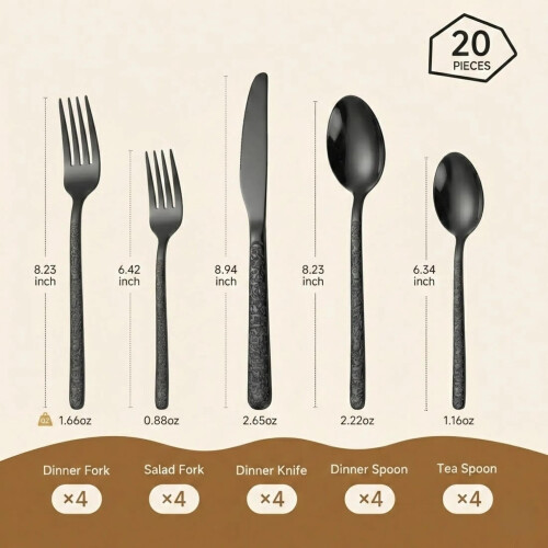 Black Hammered Silverware Set 410 Stainless Steel 20-Piece 1