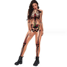 (S) Women Halloween Party Costume Skull Print Long Sleeve Jumpsuit Outfit