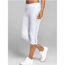 (XXXL, White) Womens Elastic Capri Leggings With Side Eyelet Straps Pockets Capris Trousers For Work Casual Sport White Black Leggings