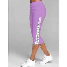 (XXL, Purple) Womens Elastic Capri Leggings With Side Eyelet Straps Pockets Capris Trousers For Work Casual Sport White Black Leggings