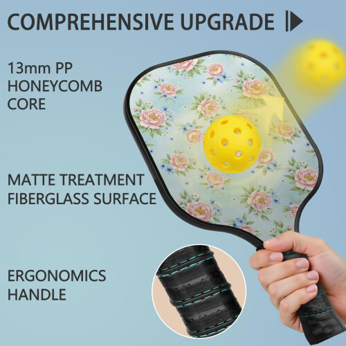 Σετ Κουπιών Pickleball από Φύλλα Fiberglass με Λουλούδια, 2 Κουπιά + 2 1