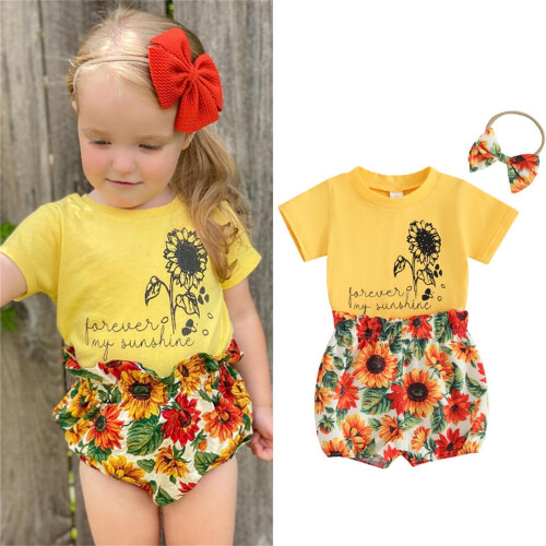 Completo da bambina con girasoli, composto da 3 pezzi e top a maniche corte. 1