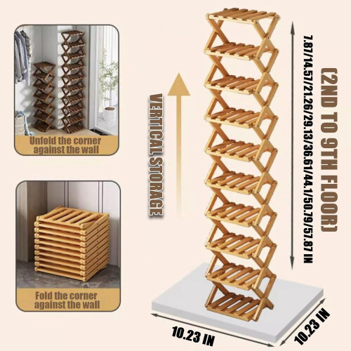 Étagère à chaussures en bambou à 9 niveaux, pliable, sans assemblage 2