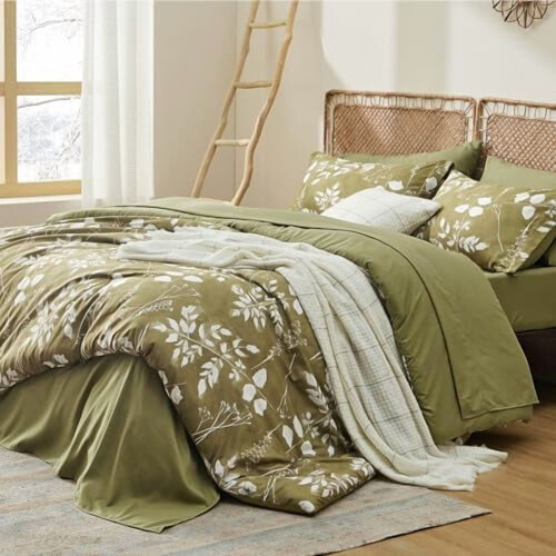 Twin Comforter Set Floral Olive Green 5-Piece Bedding 1
